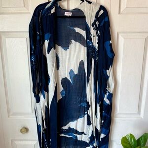 Top It Off Womens Blue and White Floral Kimono Duster Cover Up One Size